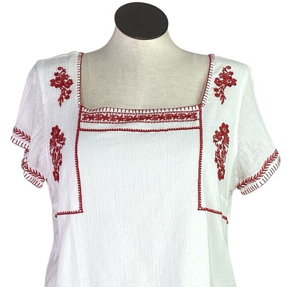 Garnet Hill Top Women 16 White Red Floral Embroidered Square Neck Boho Blouse - Picture 2 of 5